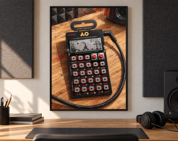 PO-28 Robot Pocket Operator Wall Art, Wooden Music Studio Poster, A2 Printable Download — presentación de la obra