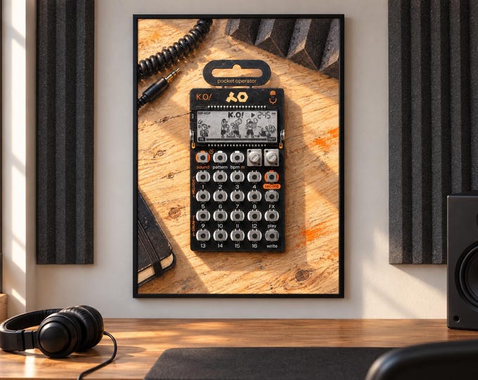 PO-33 K.O! Sampler Wall Art, Wooden Music Studio Poster, A2 Printable Download — presentación de la obra