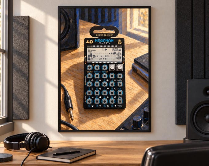 PO-128 Mega Man Pocket Operator Wall Art, Wooden Music Studio Poster, A2 Printable Download — presentación de la obra