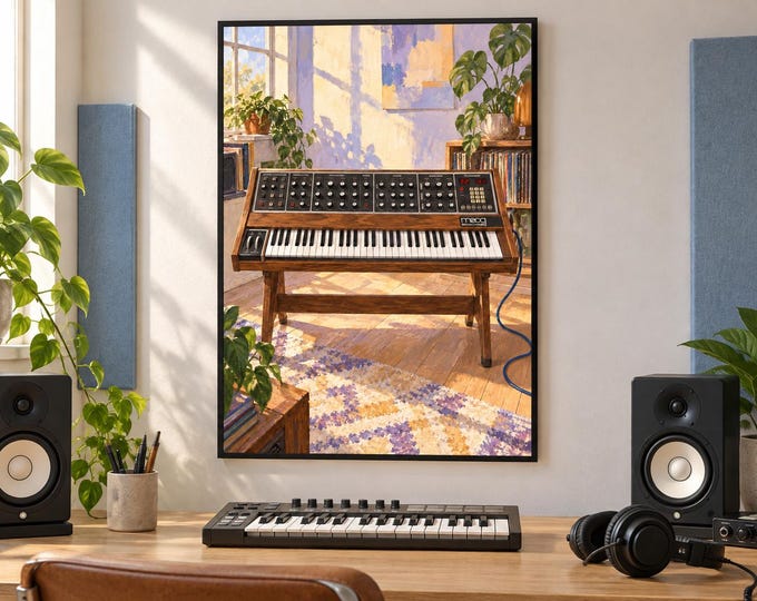 Moog Memorymoog Wall Art Print, Colourful Synthesizer Poster, A2 Digital Download — presentación de la obra
