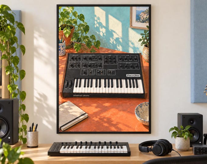 Sequential Circuits Pro-One Wall Art Print, Colourful Synthesizer Poster, A2 Digital Download — presentación de la obra