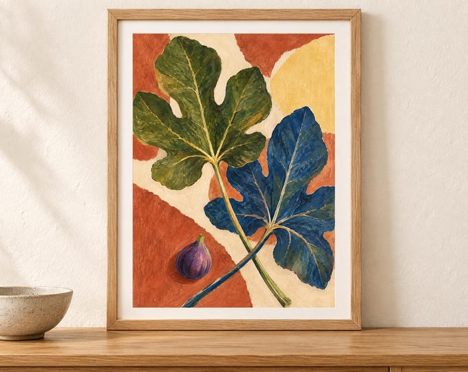 Fig Leaf Wall Art Print, Green Blue Botanical Terracotta Poster, A2 Digital Download — presentación de la obra