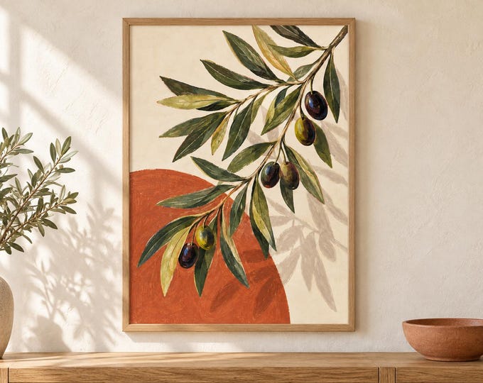Olive Branch Wall Art Print, Terracotta Botanical Poster, A2 Digital Download — presentación de la obra