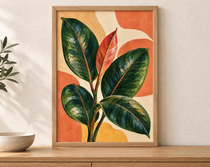 Rubber Plant Printable Wall Art, Green Leaves and Terracotta Botanical, A2 Digital Download — presentación de la obra
