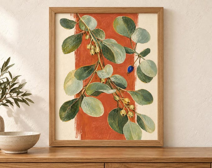 Eucalyptus Wall Art, Sage Green and Terracotta Botanical Print, A2 Digital Download — presentación de la obra