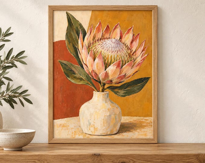 King Protea Flower Wall Art, Peach and Ochre Botanical Print, A2 Digital Download — presentación de la obra