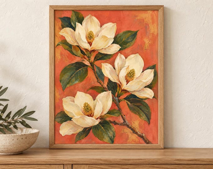 Magnolia Printable Wall Art, Cream Flowers on Coral Botanical Poster, A2 Digital Download — presentación de la obra