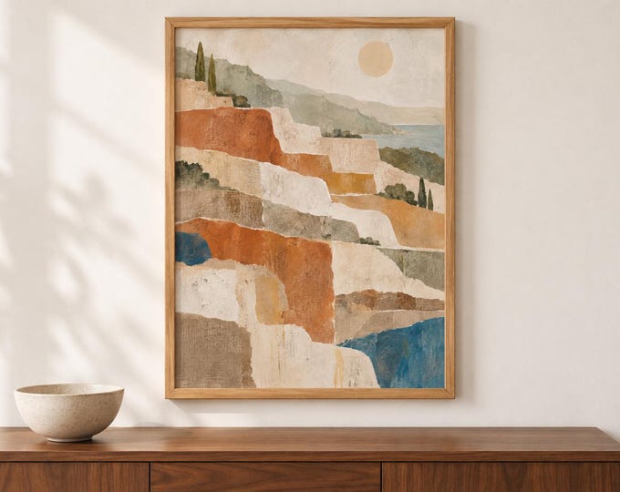Terracotta Landscape Wall Art, Abstract Coastal Terraces Print, A2 Digital Download — presentación de la obra