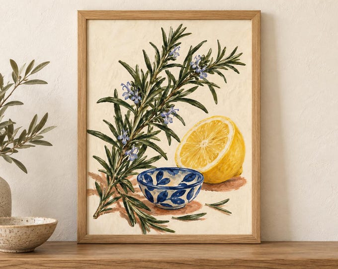 Rosemary and Lemon Kitchen Wall Art, Blue Bowl Botanical Print, A2 Digital Download — presentación de la obra
