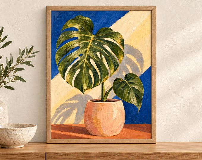 Monstera Leaf Art Print, Peach Pot, Cobalt Blue Background (A2 Digital Download) — presentación de la obra