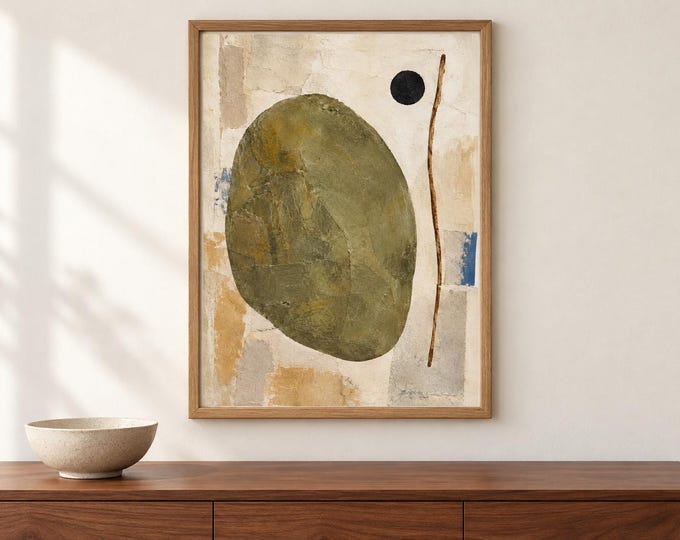 Olive Green Abstract Wall Art, Organic Shape and Black Circle Print, A2 Digital Download — presentación de la obra