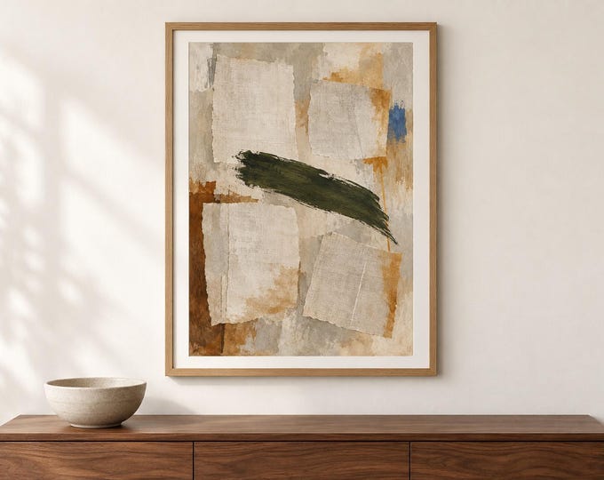 Olive and Linen Abstract Wall Art, Earth Tone Collage Effect Print, A2 Digital Download — presentación de la obra