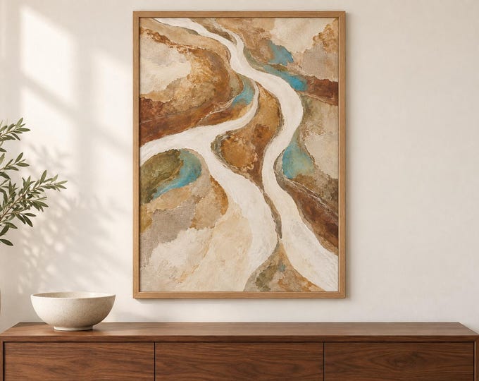 Earth Tone Abstract River Wall Art, Turquoise and Ochre Print, A2 Digital Download — presentación de la obra