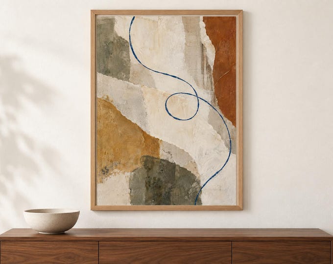 Indigo Line Abstract Wall Art, Cream and Ochre Collage Effect Print, A2 Digital Download — presentación de la obra