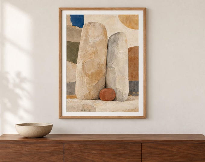 Neutral Abstract Stone Wall Art, Sculptural Form Effect Print, A2 Digital Download — presentación de la obra