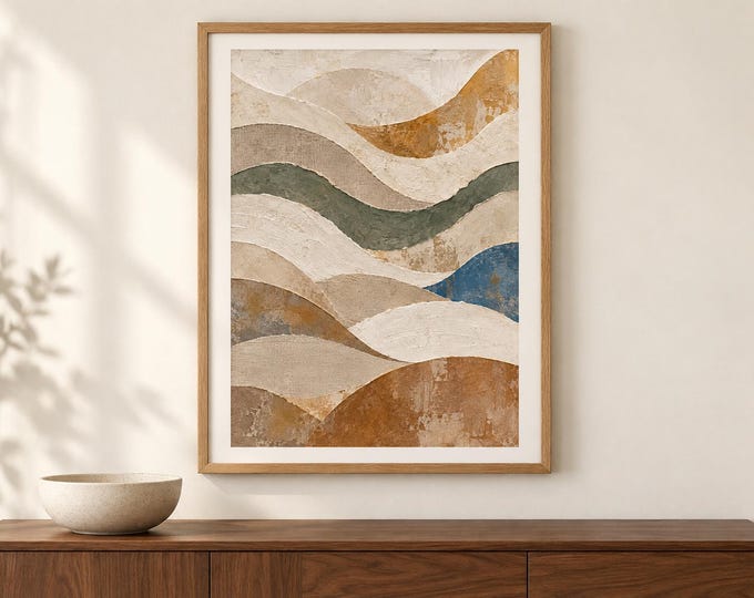 Layered Abstract Wave Wall Art, Cream Sage and Ochre Print, A2 Digital Download — presentación de la obra