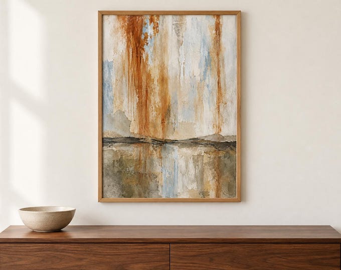 Rust and Blue Abstract Wall Art, Rain Wash Horizon Print, A2 Digital Download — presentación de la obra