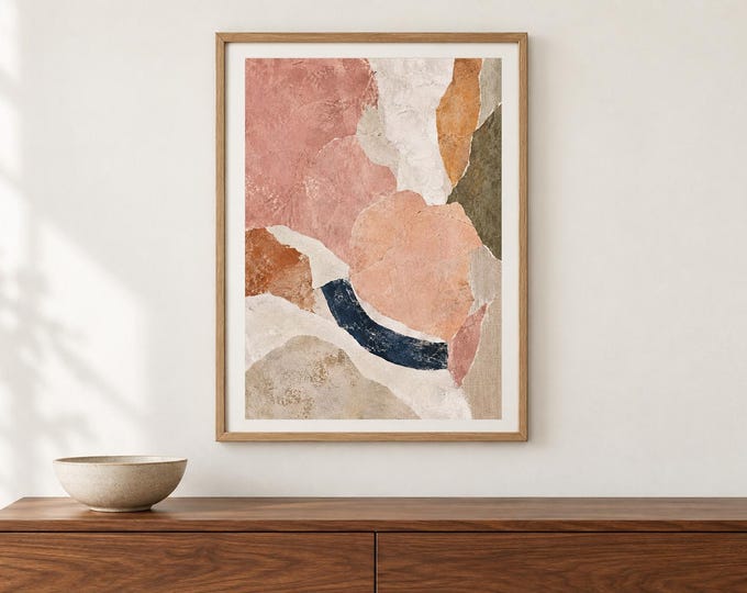 Blush Pink Abstract Wall Art, Peach Circle and Navy Curve Print, A2 Digital Download — presentación de la obra