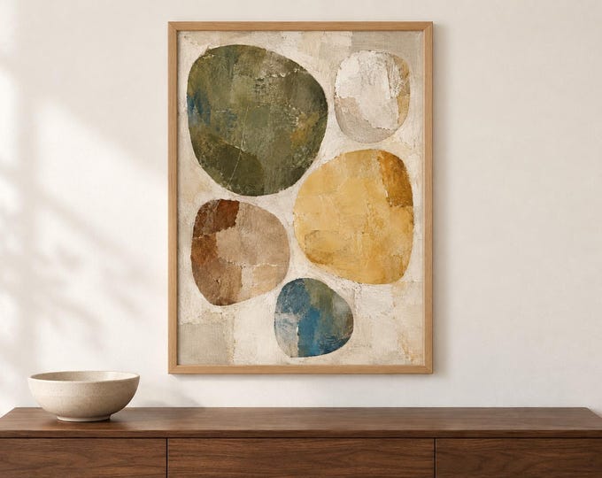 Abstract Pebble Wall Art, Olive Ochre and Blue Organic Shape Print, A2 Digital Download — presentación de la obra