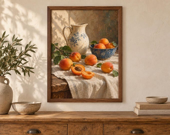 Apricot Kitchen Wall Art, Vintage Style Fruit and Flower Still Life, A2 Digital Download — presentación de la obra