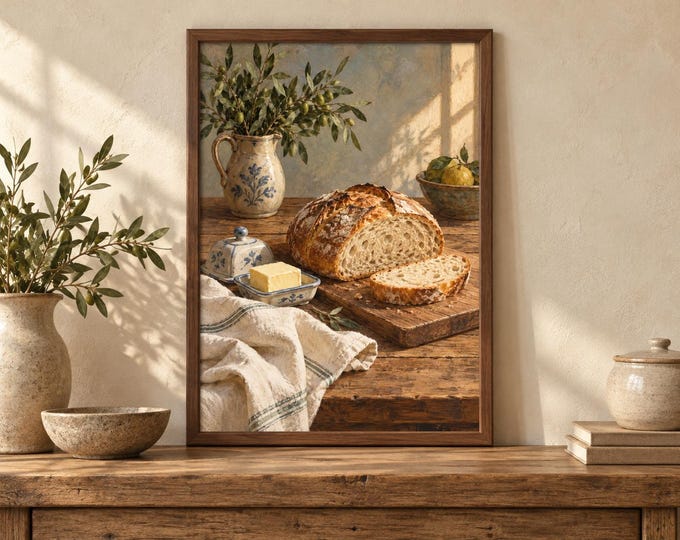 Bread and Butter Kitchen Wall Art, Rustic Sourdough Still Life Print, A2 Digital Download — presentación de la obra