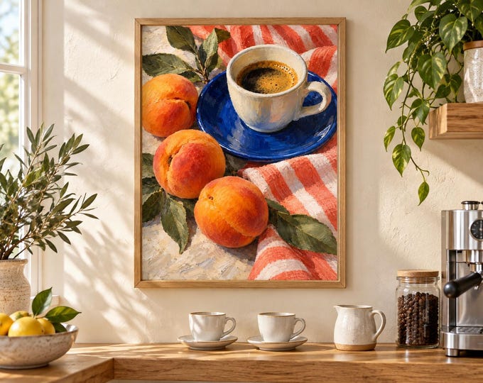 Espresso and Apricot – Colourful Kitchen Wall Art, Coffee Still Life, A3 Digital Download — presentación de la obra