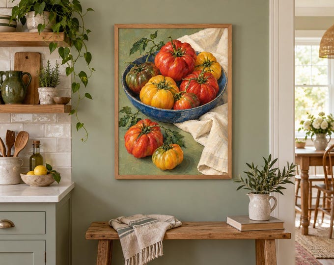 Heirloom Tomato Table – Colourful Kitchen Wall Art, Vegetable Still Life, A3 Digital Download — presentación de la obra