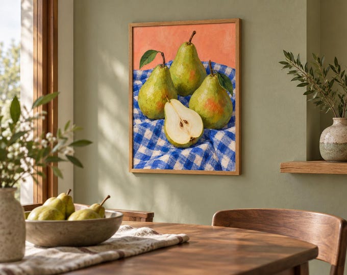 Pear & Blue Linen – Kitchen Still Life, A3 Digital Download — presentación de la obra