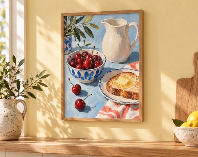 Cherry Breakfast – Kitchen Still Life, A3 Digital Download — presentación de la obra