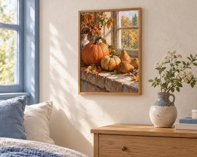 Harvest Windowsill – Vintage Style Autumn Art, A3 Digital Download — presentación de la obra