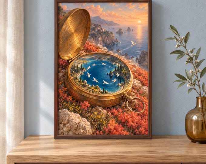 Compass and Birds - The Sleeper's Compass | Surreal Wall Art, A2 A3 Digital Download — presentación de la obra
