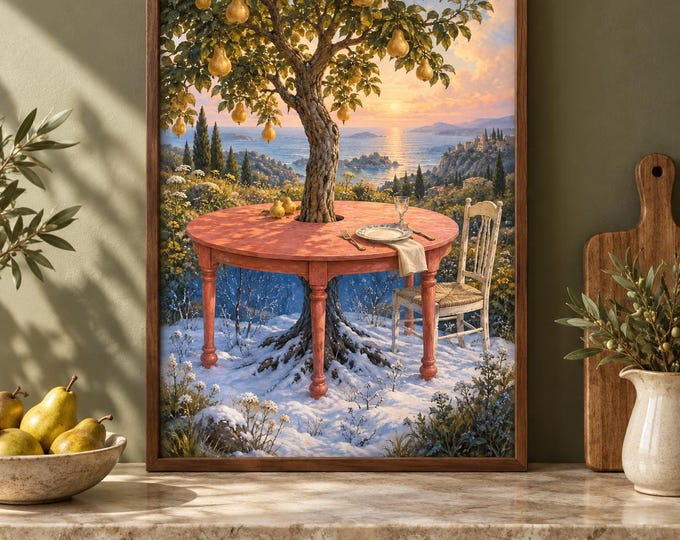 Pear Tree Seasons - The Borrowed Season | Surreal Wall Art, A2 A3 Digital Download — presentación de la obra