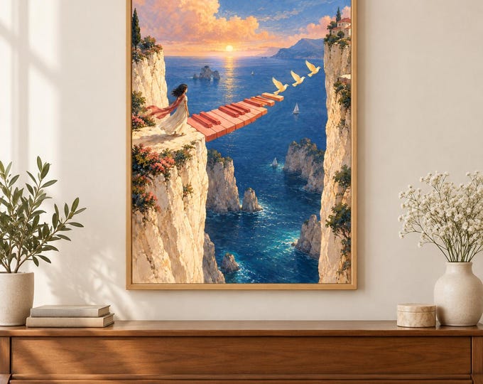 Piano Bridge - The Unfinished Crossing | Surreal Wall Art, A2 A3 Digital Download — presentación de la obra