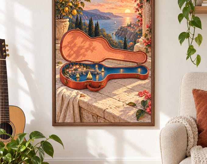 Guitar Case Harbour - The Smallest Harbour | Surreal Wall Art, A2 A3 Digital Download — presentación de la obra
