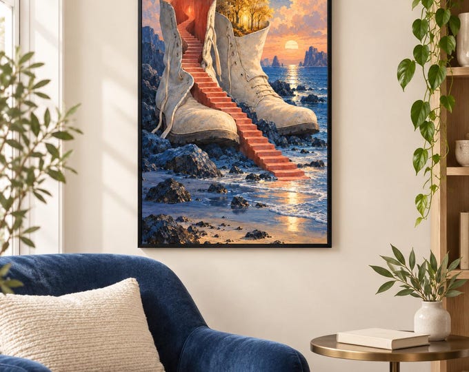 Boots and Staircase - The Keeper of Footsteps | Surreal Wall Art, A2 A3 Digital Download — presentación de la obra