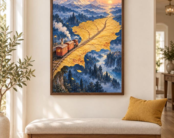 Train on a Leaf - The Patient Train | Surreal Wall Art, A2 A3 Digital Download — presentación de la obra