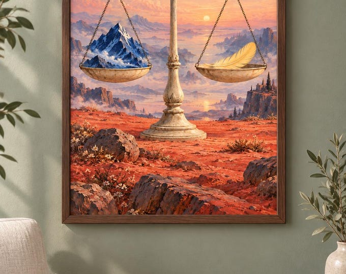 Mountain and Feather - The Gentle Weight | Surreal Wall Art, A2 A3 Digital Download — presentación de la obra