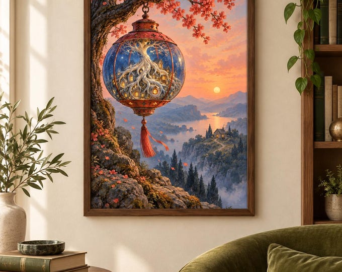 Lantern Village - The Lantern's Roots | Surreal Wall Art, A2 A3 Digital Download — presentación de la obra