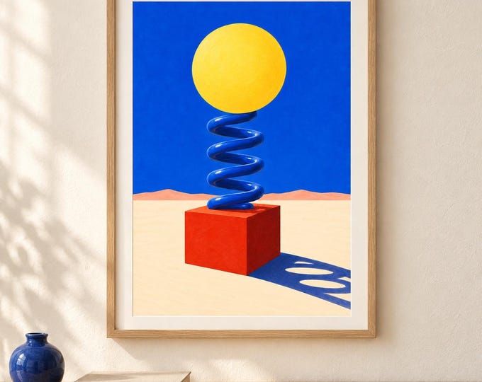 Surreal Sun on Spring Art Print | Cobalt Blue, Tomato Red, Butter Yellow (A2 Digital Download File) — presentación de la obra