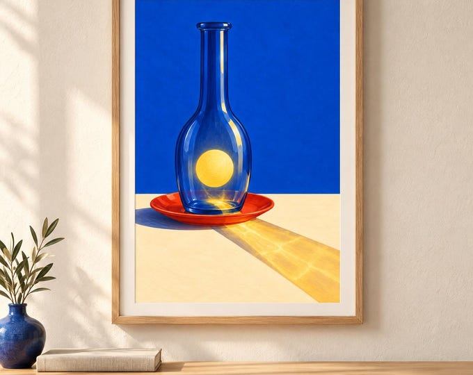 Sunlight in a Bottle Art Print | Surreal Blue Bottle, Red Plate (A2 Digital Download) — presentación de la obra