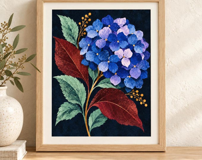 Night Garden No. 22 - Blue Hydrangea Reverie | Botanical Art Digital Download — presentación de la obra