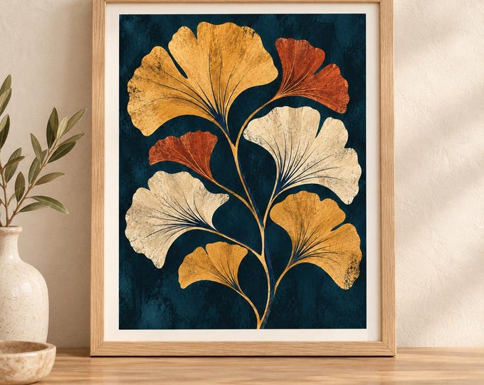Night Garden No. 23 - Golden Ginkgo Nocturne | Botanical Art Digital Download — presentación de la obra