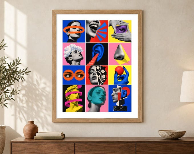 Surreal Portrait Collage Print - Electric Identities, Colourful Pop Art Grid, A2 Digital Download — presentación de la obra