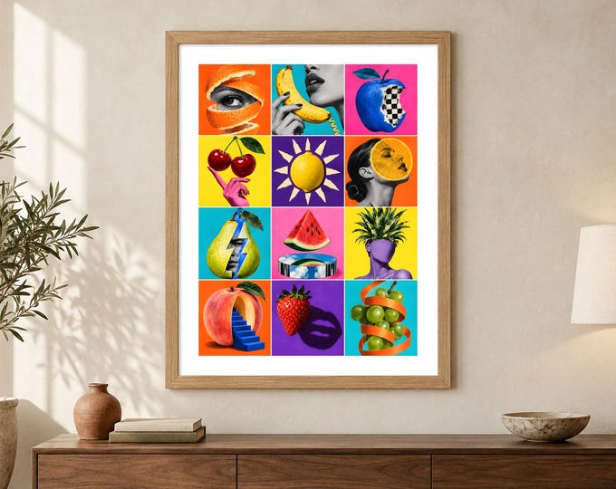 Surreal Fruit Collage Print - Rebel Fruit, Colourful Kitchen Pop Art Grid, A2 Digital Download — presentación de la obra