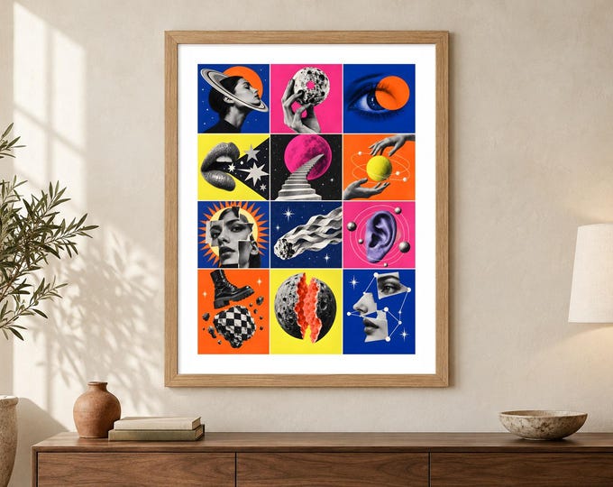 Space Collage Print - Human Cosmos, Surreal Moon and Portrait Pop Art, A2 Digital Download — presentación de la obra