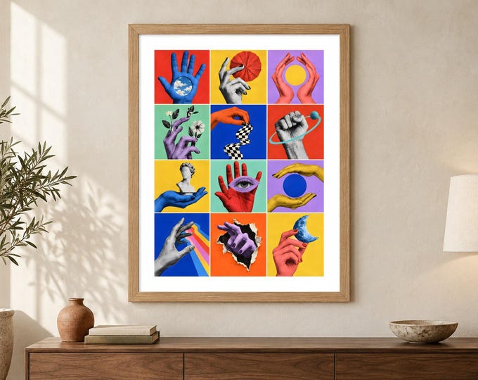 Surreal Hand Collage Print - Gestures in Colour, Bold Pop Art Grid, A2 Digital Download — presentación de la obra