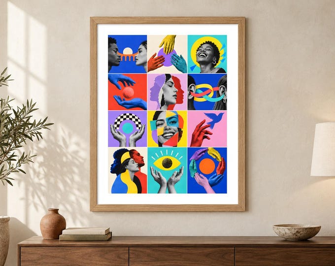 Portrait Collage Print - Collective Energy, Colourful Connection Pop Art, A2 Digital Download — presentación de la obra