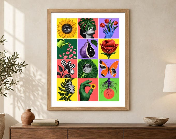 Surreal Botanical Collage Print - Impossible Garden, Colourful Flower Pop Art, A2 Digital Download — presentación de la obra
