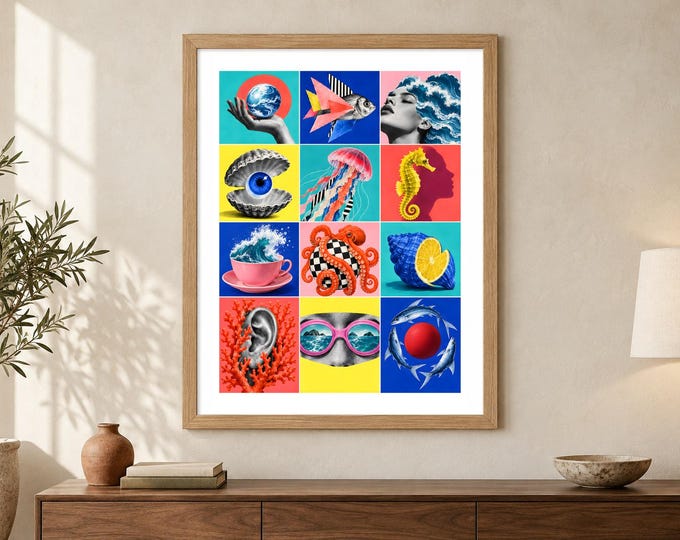 Surreal Ocean Collage Print - Ocean Pop, Colourful Coastal Art Grid, A2 Digital Download — presentación de la obra