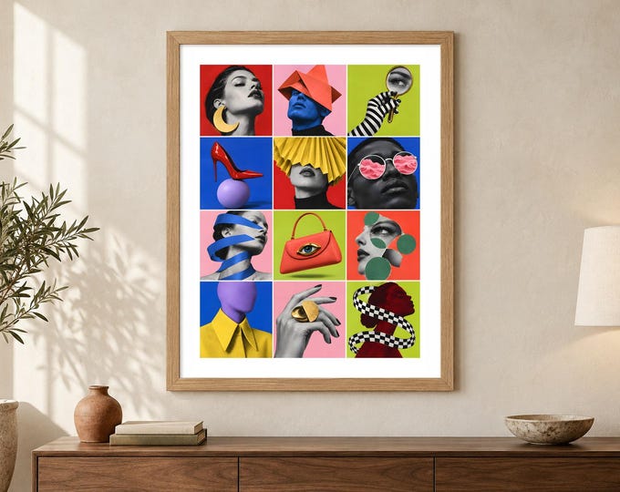 Fashion Collage Print - Surreal Fashion, Colourful Editorial Pop Art Grid, A2 Digital Download — presentación de la obra